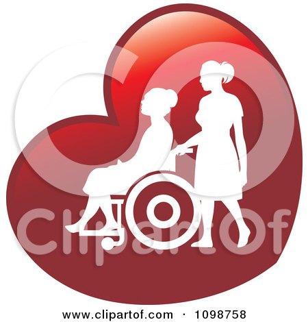 Clipart Silhouetted Nurse Helping An Elderly Woman In A Wheelchair On A Red Heart - Royalty Free Vector Illustration by Lal Perera
