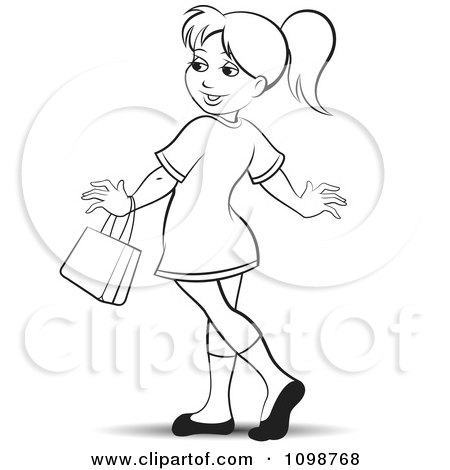Clipart Happy Outlined Woman Walking With A Purse - Royalty Free Vector Illustration by Lal Perera