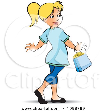 Clipart Happy Blond Woman Walking With A Purse - Royalty Free Vector Illustration by Lal Perera