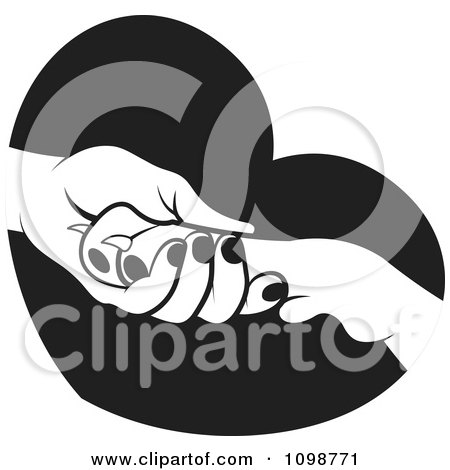 Clipart Black And White Dog Resting Its Paw In A Womans Hand Over A Heart - Royalty Free Vector Illustration by Lal Perera