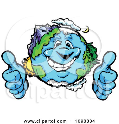 Clipart Happy Earth Mascot Holding Two Thumbs Up - Royalty Free Vector Illustration by Chromaco