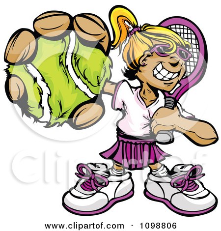 Clipart Grinning Tennis Girl Holding Out A Ball - Royalty Free Vector Illustration by Chromaco