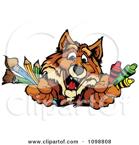 Clipart Happy Fox Mascot Holding Out Art Crayons Paintbrushes And Pencils - Royalty Free Vector Illustration by Chromaco