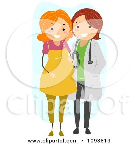 Clipart Friendly Maternity Doctor Standing With A Red Haired Pregnant Patient - Royalty Free Vector Illustration by BNP Design Studio