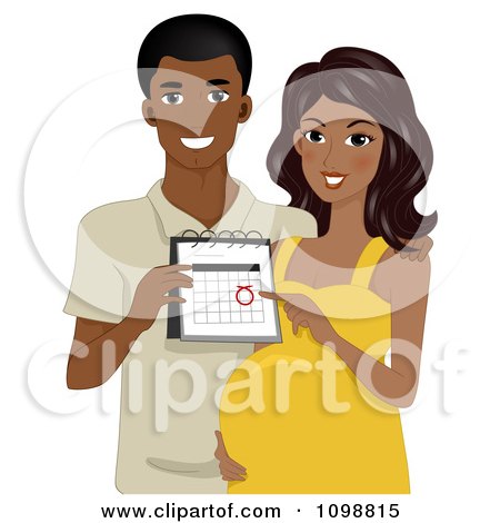 Clipart Happy Black Pregnant Couple Showing Their Due Date - Royalty Free Vector Illustration by BNP Design Studio