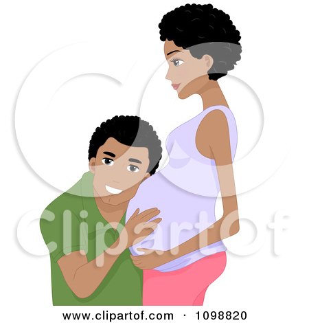 Clipart Happy Black Father To Be Man Listening To His Wifes Baby - Royalty Free Vector Illustration by BNP Design Studio