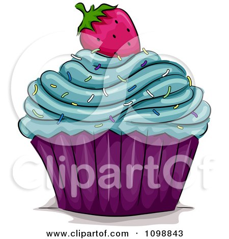 Clipart Cupcake Topped With Blue Frosting Sprinkles And A Strawberry - Royalty Free Vector Illustration by BNP Design Studio