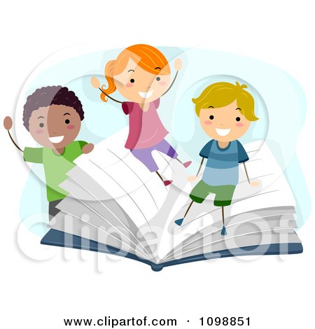 Clipart Happy Diverse School Children Playing On A Giant Book - Royalty Free Vector Illustration by BNP Design Studio