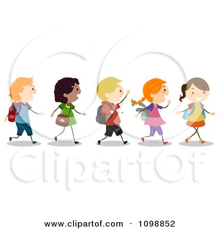 Clipart Excited Diverse School Kids Walking In Line - Royalty Free Vector Illustration by BNP Design Studio