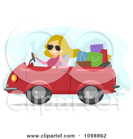 Clipart Happy Blond Woman Driving A Convertible Car Packed With Shopping Bags - Royalty Free Vector Illustration by BNP Design Studio