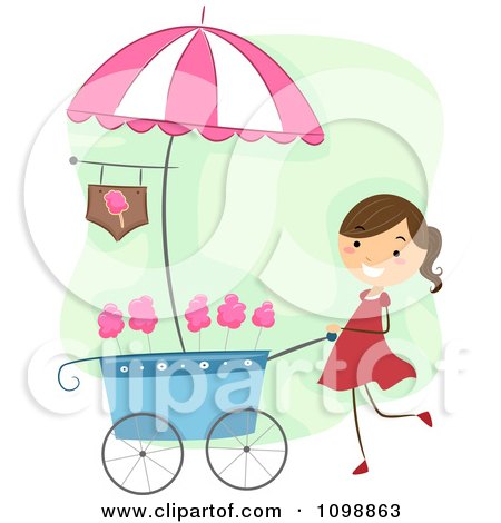 Clipart Happy Cotton Candy Vendor Girl Pushing Her Cart - Royalty Free Vector Illustration by BNP Design Studio