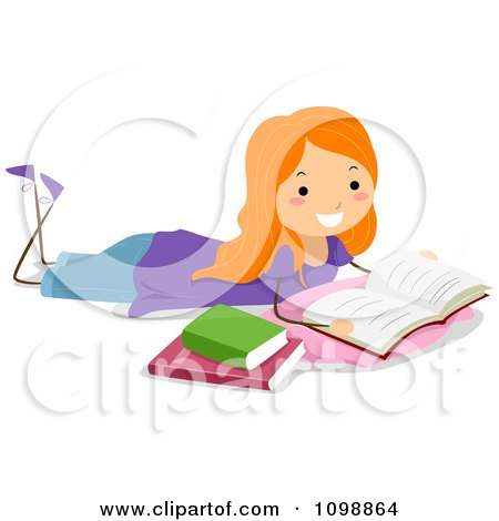 Clipart Happy Red Haired College Student Woman Reading A Book On The Floor - Royalty Free Vector Illustration by BNP Design Studio