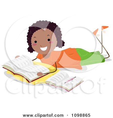 Clipart Happy Black College Student Woman Reading A Book On The Floor - Royalty Free Vector Illustration by BNP Design Studio