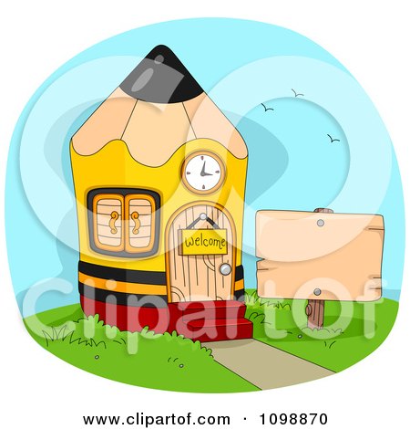 Clipart Pencil Shaped School House With A Blank Sign In The Yard - Royalty Free Vector Illustration by BNP Design Studio