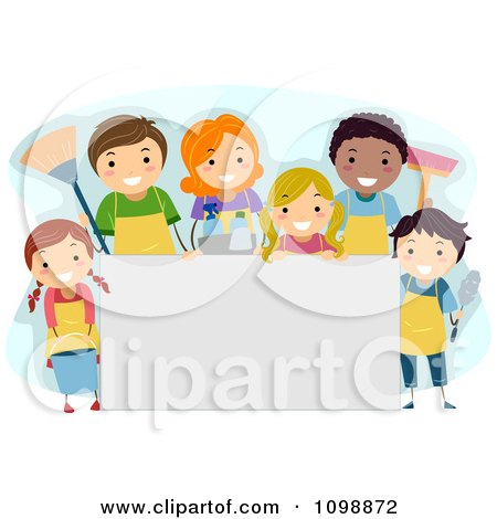 Clipart Happy Diverse People With Cleaning Supplies Around A Sign - Royalty Free Vector Illustration by BNP Design Studio