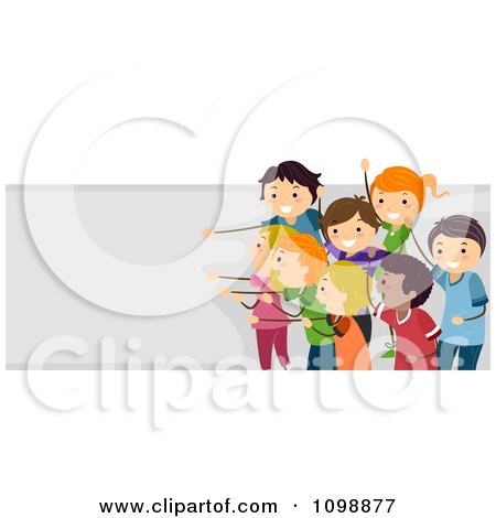 Clipart Excited Children Cheering In Front Of A Banner - Royalty Free Vector Illustration by BNP Design Studio