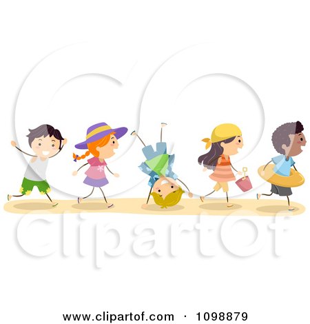 Clipart Excited Diverse Happy Children Going To The Beach - Royalty Free Vector Illustration by BNP Design Studio