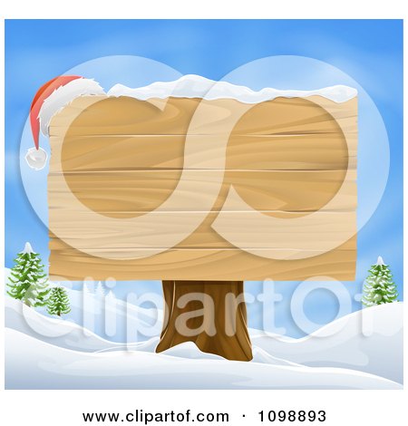 Clipart Santa Hat On The Corner Of A Wooden Christmas Sign In A Winter Landscape - Royalty Free Vector Illustration by AtStockIllustration