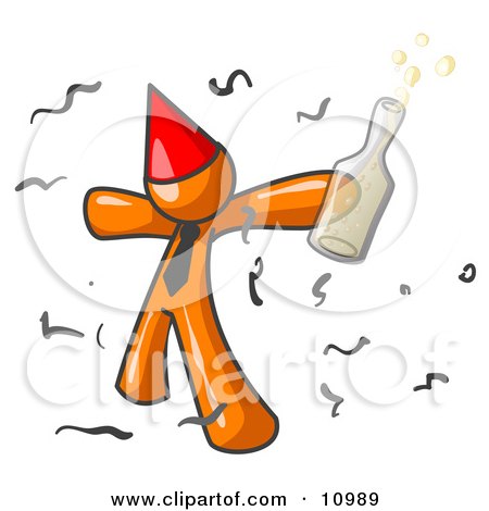 Happy Orange Man Partying With a Party Hat, Confetti and a Bottle of Liquor Clipart Illustration by Leo Blanchette