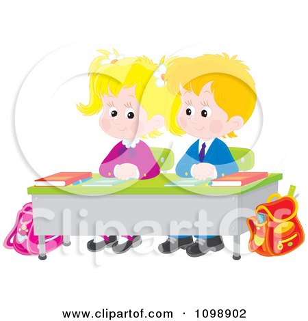 Clipart Cute School Boy And Girl Sitting Patiently At Their Desk - Royalty Free Vector Illustration by Alex Bannykh
