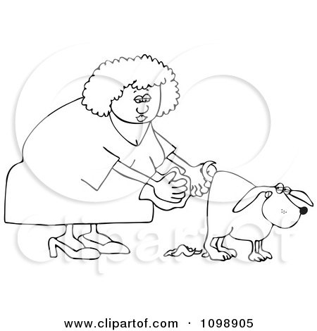 Clipart Outlined Woman Holding A Bag And Picking Up Dog Poop - Royalty Free Vector Illustration by djart