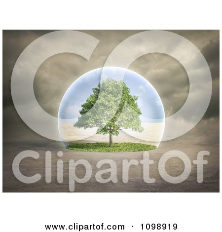 Clipart 3d Lush Tree Protected In A Sphere And Surrounded By An Arid Landscape - Royalty Free CGI Illustration by Mopic