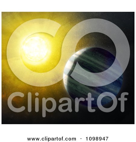 Clipart 3d Planet And Bright Sun In Space - Royalty Free CGI Illustration by Mopic