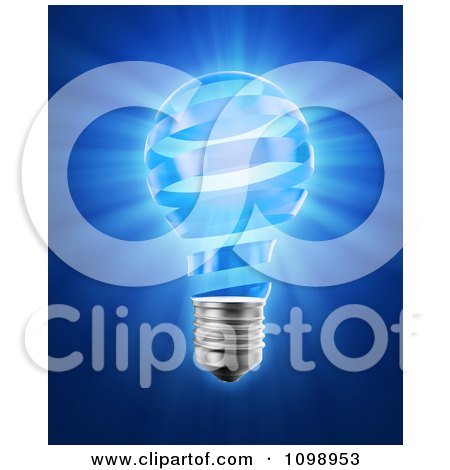 Clipart 3d Lightbulb Made Of Spiraling Glass With Rays On Blue - Royalty Free CGI Illustration by Mopic