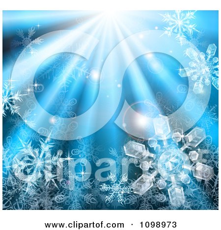 Clipart 3d Icy Snowflakes In Blue Rays Of Light - Royalty Free Vector Illustration by AtStockIllustration