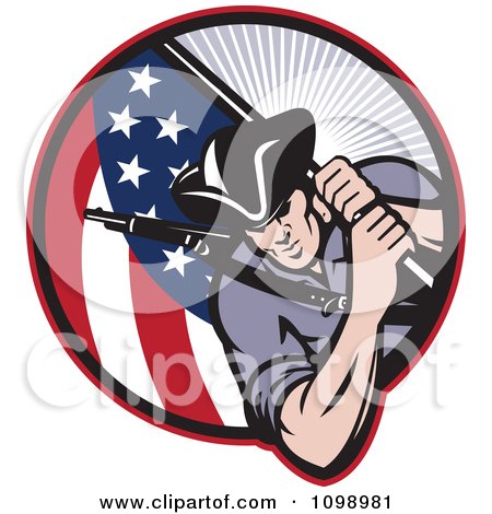 Clipart Retro American Revolutionary Soldier Patriot Minuteman Carrying A Flag - Royalty Free Vector Illustration by patrimonio