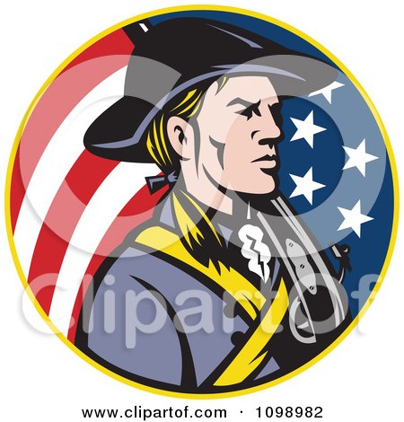Clipart Retro American Revolutionary Soldier Patriot Minuteman In A Circle Of Stars And Stripes - Royalty Free Vector Illustration by patrimonio