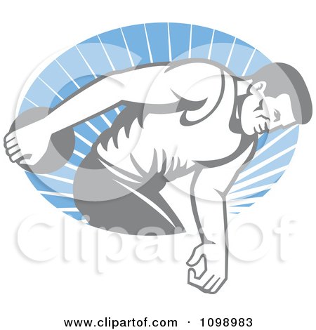 Clipart Faded Retro Male Athlete Throwing A Discus Over Blue Rays - Royalty Free Vector Illustration by patrimonio