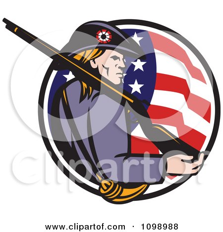 Clipart Retro American Revolutionary War Soldier Patriot Minuteman With A Rifle In A Circle Of Stars And Stripes - Royalty Free Vector Illustration by patrimonio