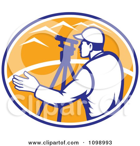 Clipart Retro Surveyor Engineer Using Theodolite Total Station Equipment Over An Orange Oval - Royalty Free Vector Illustration by patrimonio
