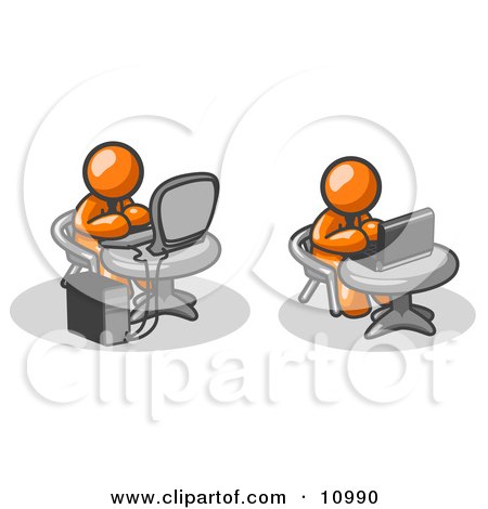 Two Orange Men, Employees, Working on Computers in an Office, One Using a Desktop, the Other Using a Laptop Clipart Illustration by Leo Blanchette
