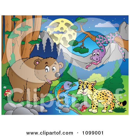 Clipart Bear Fish Wildcat And Snake By A Stream At Night - Royalty Free Vector Illustration by visekart