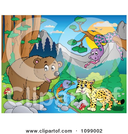 Clipart Bear Fish Wildcat And Snake By A Stream During The Day - Royalty Free Vector Illustration by visekart