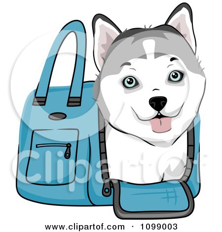 Clipart Happy Siberian Husky Puppy In A Blue Dog Carrier Bag - Royalty Free Vector Illustration by BNP Design Studio