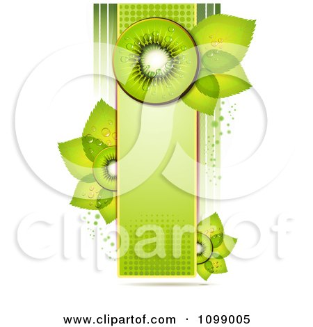 Clipart Background Of Kiwi Slices And Leaves On A Green Halftone Banner Over Stripes - Royalty Free Vector Illustration by merlinul