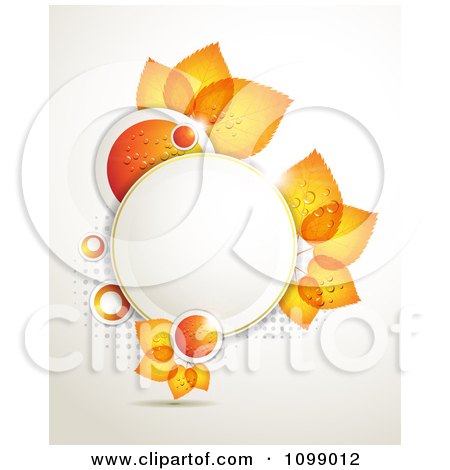 Clipart Background Of Dewy Orange Circles And Leaves Around A Frame With Gray Halftone - Royalty Free Vector Illustration by merlinul