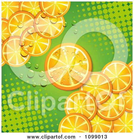 Clipart Background Of Orange Slices Over Green Halftone - Royalty Free Vector Illustration by merlinul