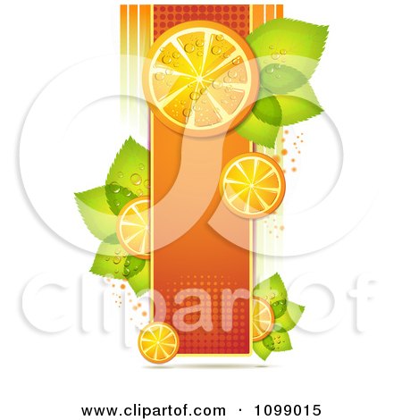 Clipart Background Of Orange Slices On A Halftone Banner With Leaves - Royalty Free Vector Illustration by merlinul