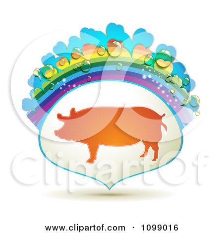 Clipart Barnyard Pig In A Frame With A Rainbow And Dew Drops - Royalty Free Vector Illustration by merlinul