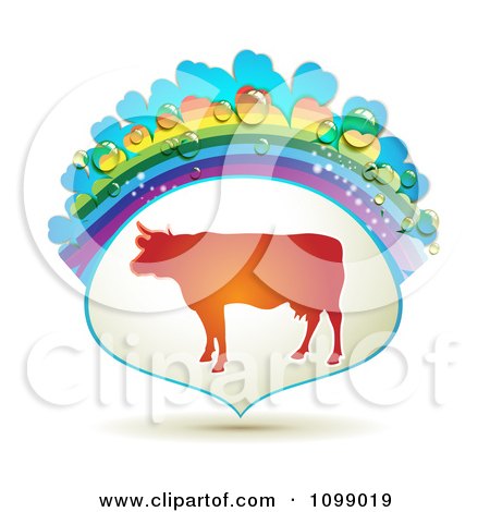 Clipart Barnyard Cow In A Frame With A Rainbow And Dew Drops - Royalty Free Vector Illustration by merlinul