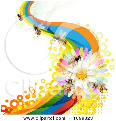 Clipart Background Of Honey Bees On A Daisy Rainbow Wave - Royalty Free Vector Illustration by merlinul