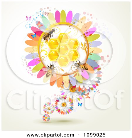 Clipart Background Of Bees On A Colorful Honey Comb Flower - Royalty Free Vector Illustration by merlinul