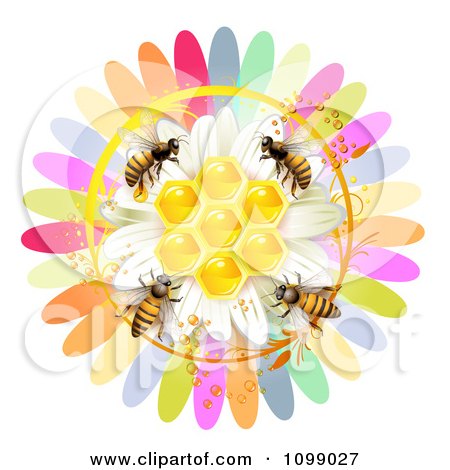 Clipart Honeycombs In The Center Of A Colorful Flower With Bees - Royalty Free Vector Illustration by merlinul