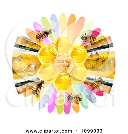 Clipart Natural Honeycomb In The Center Of A Ribbon And Petal Flower With Bees - Royalty Free Vector Illustration by merlinul