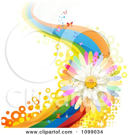 Clipart Background Of A White Daisy And Rainbow Wave With Butterflies And Circles - Royalty Free Vector Illustration by merlinul