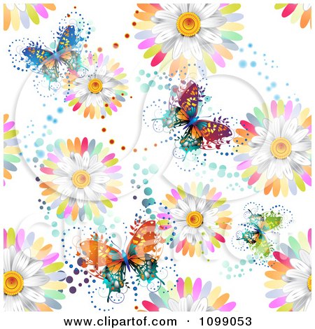 Clipart Seamless Background Pattern Of Colorful Daisies And Butterflies - Royalty Free Vector Illustration by merlinul